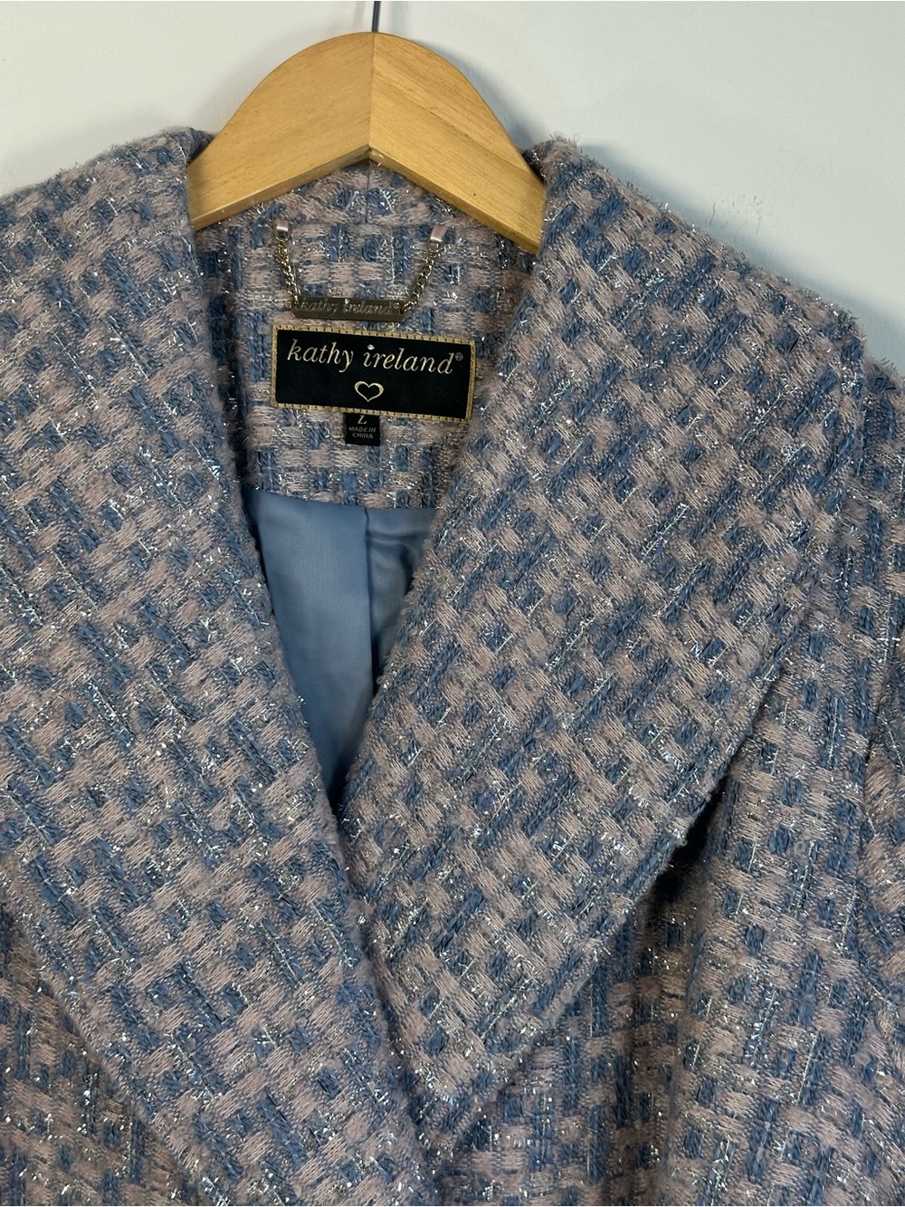 Kathy Ireland NWT Blue Pink Bouclé Tweed Belted Coat Women’s Large - Picture 2 of 5